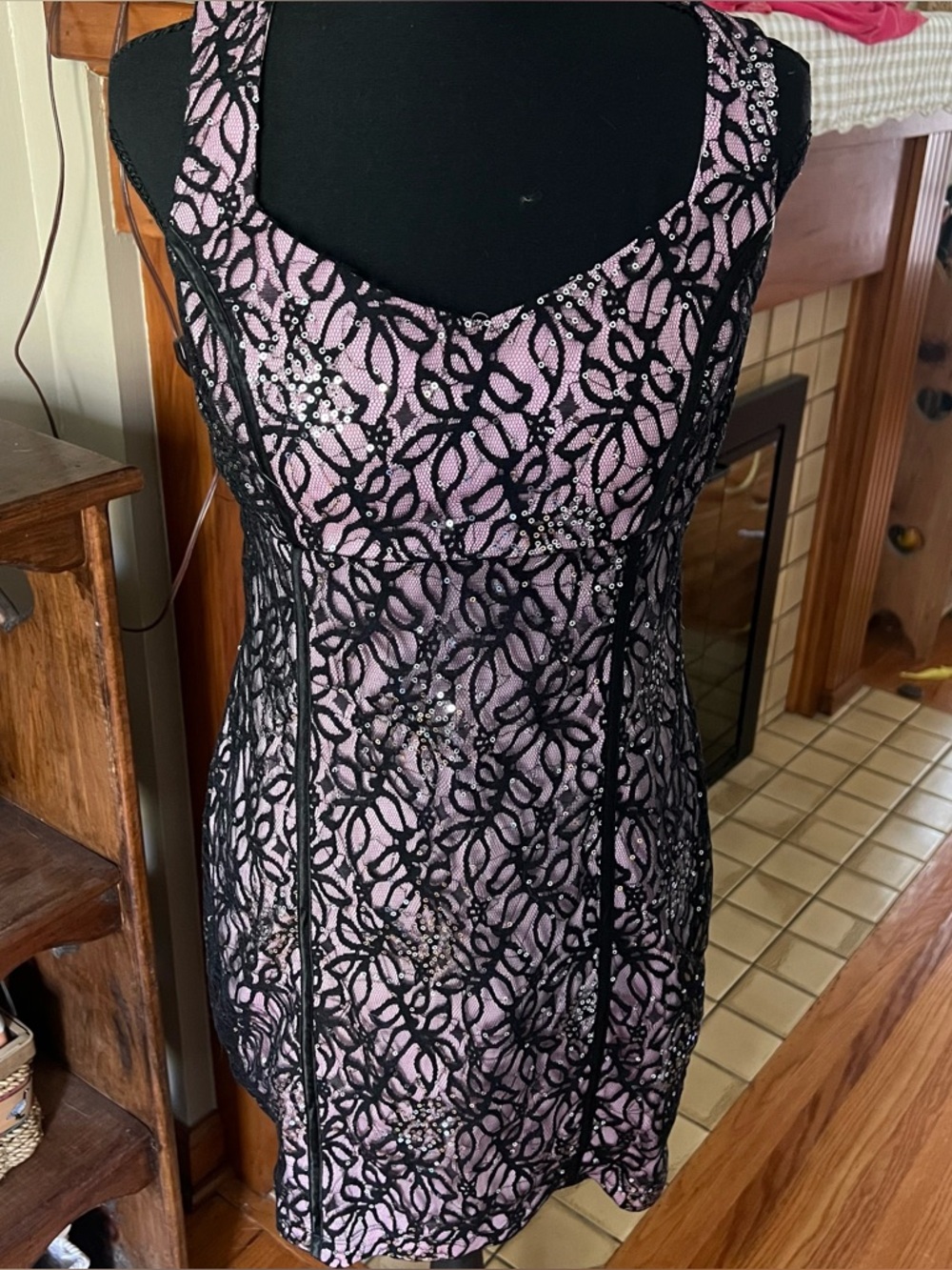Y2K BCX Pink Dress with Black Lace Sequin Overlay